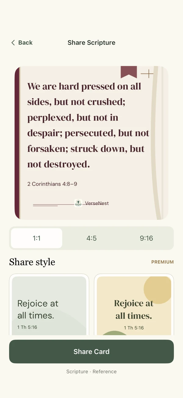 VerseNest Share Scripture screen with a Bible verse card and design choices