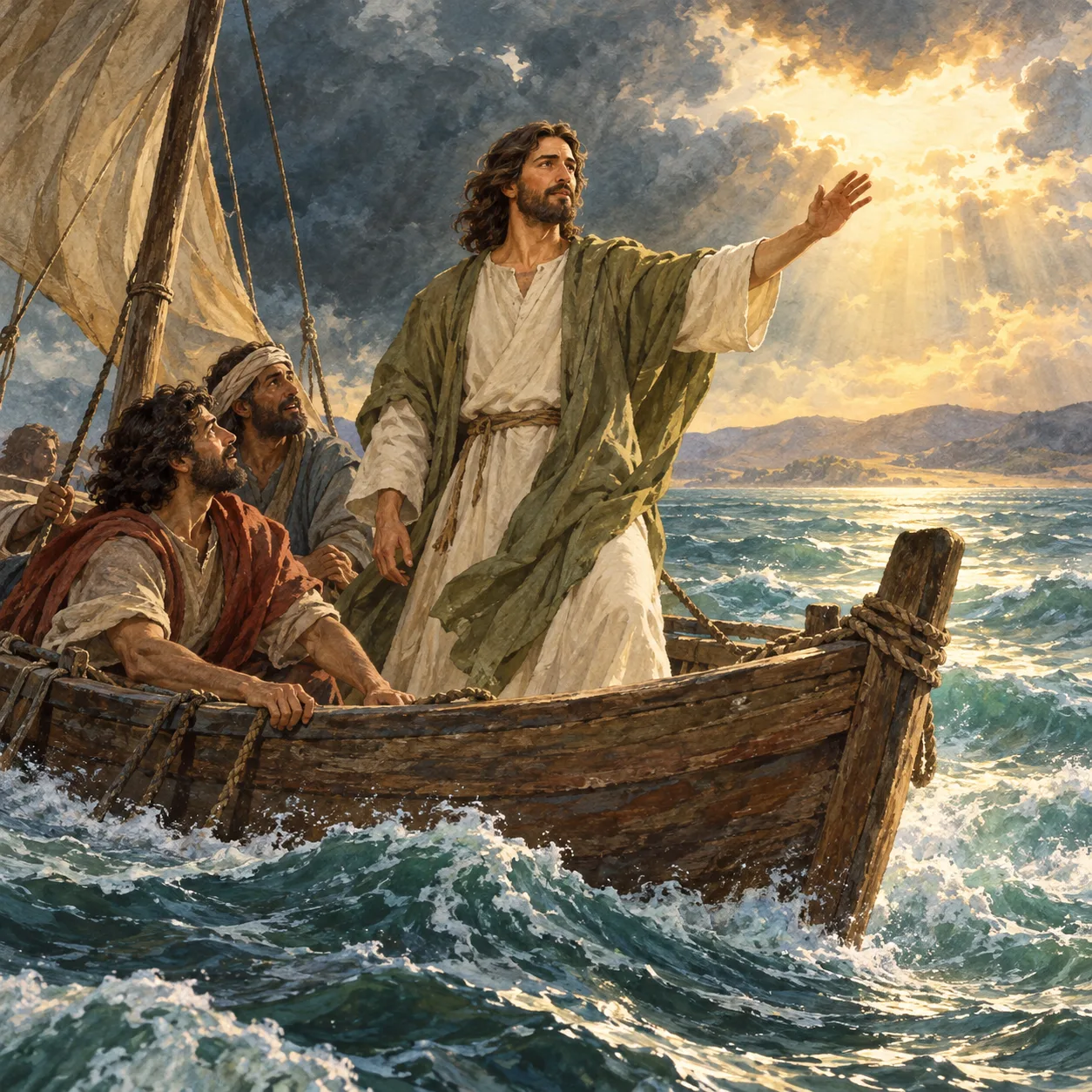Jesús calmando la tormenta en el mar