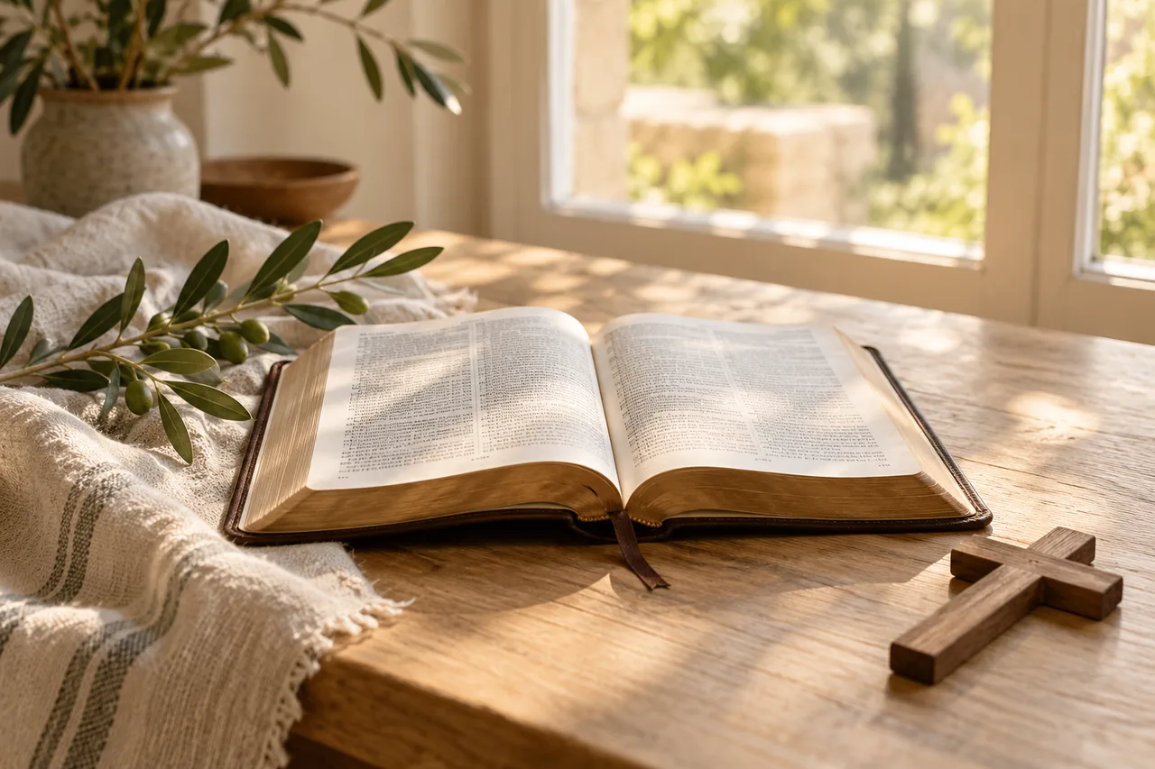 Una Biblia abierta y una cruz de madera a la luz de la mañana