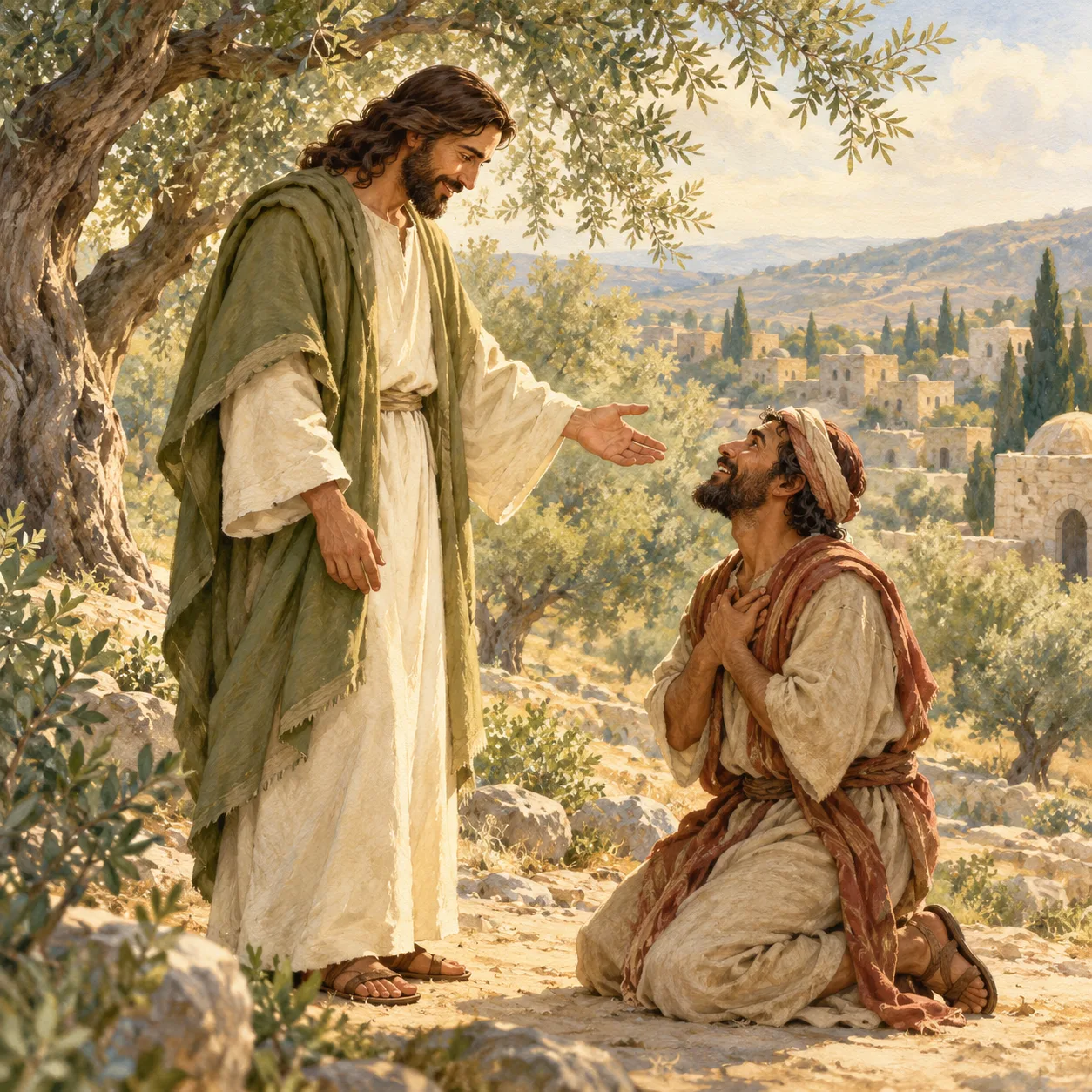 Un hombre agradecido arrodillado ante Jesús bajo un olivo