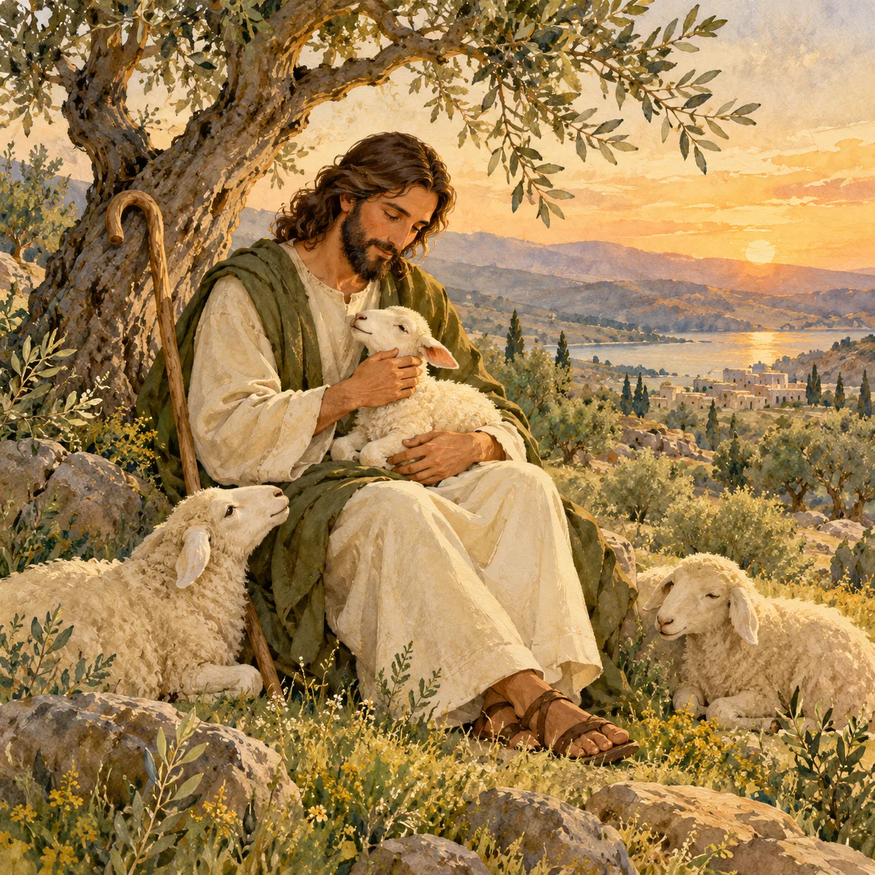 Ilustración del Buen Pastor con un cordero en un paisaje tranquilo
