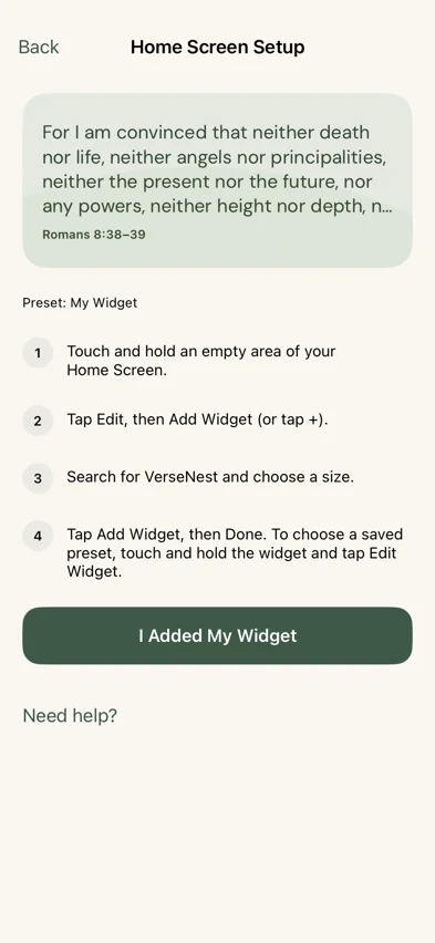 Home Screen setup instructions inside the VerseNest app