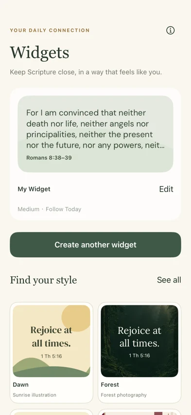VerseNest widget designs and Home Screen presets